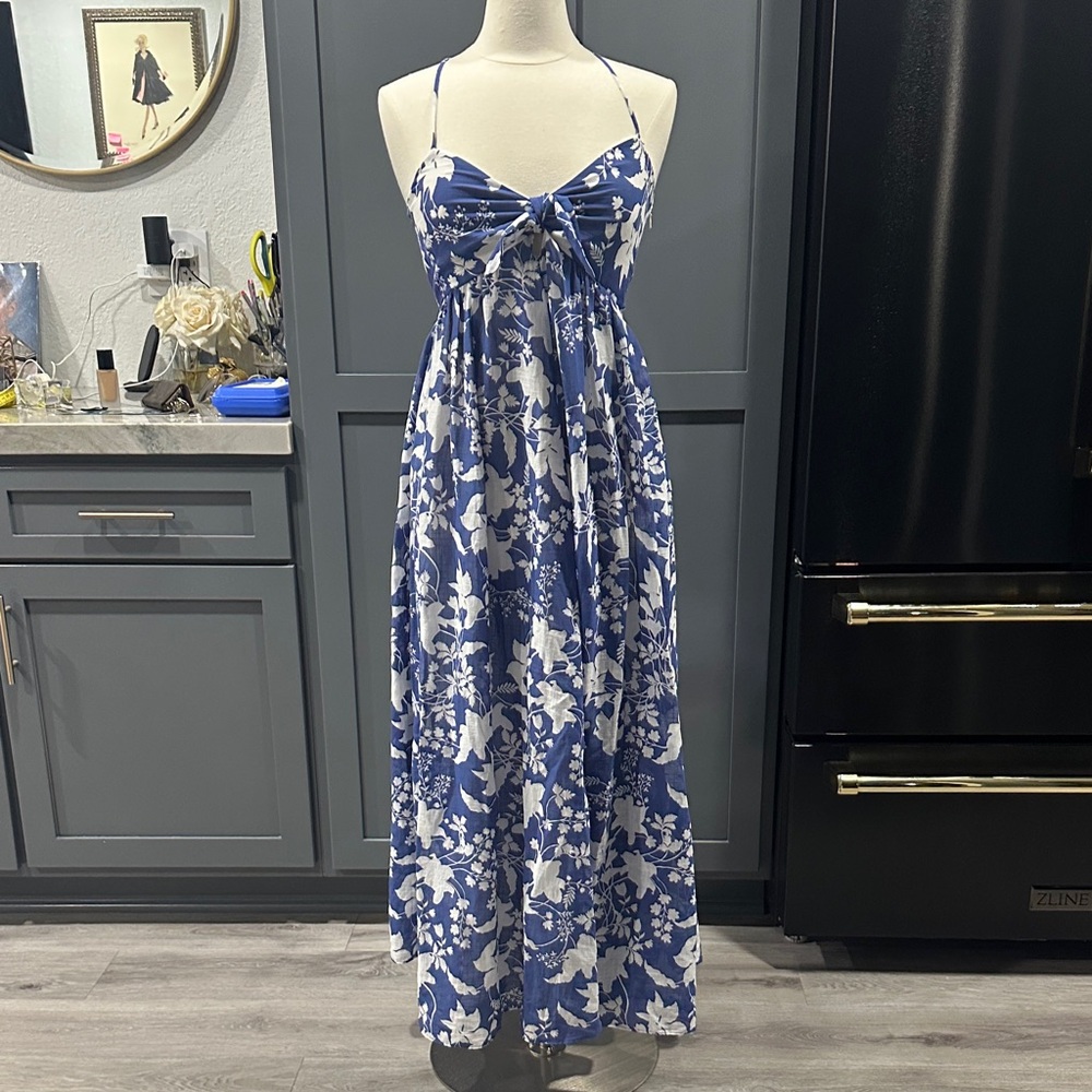 Zara White and Blue Textured Maxi Dress.